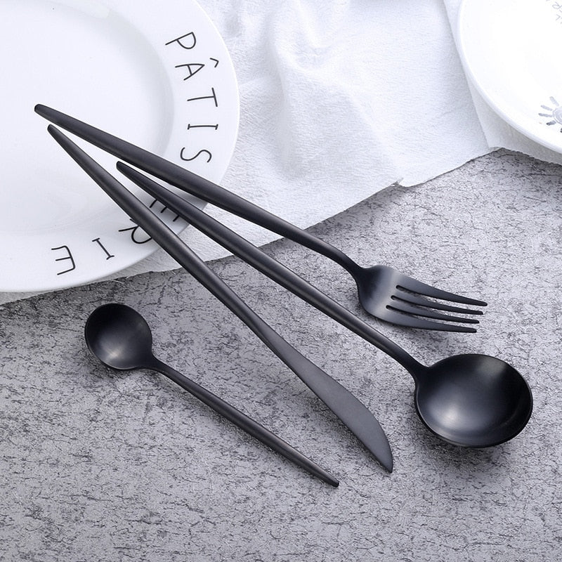 Ensemble de Couverts en Onyx Noir Mat (24 pièces) - LustreNoir