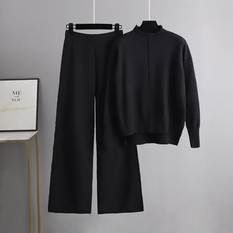 Pull Col Roulé et Pantalon Jambe Large - Douceur Automnale