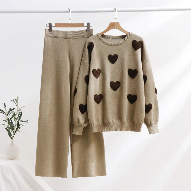 Ensemble Douceur Cœur - Pull Tricot et Pantalon Large Confortable