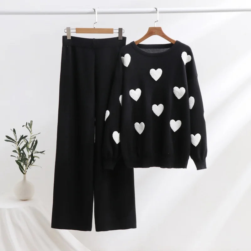 Ensemble Douceur Cœur - Pull Tricot et Pantalon Large Confortable