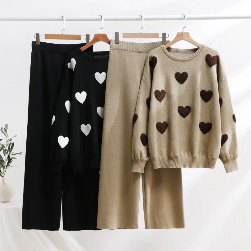 Ensemble Douceur Cœur - Pull Tricot et Pantalon Large Confortable