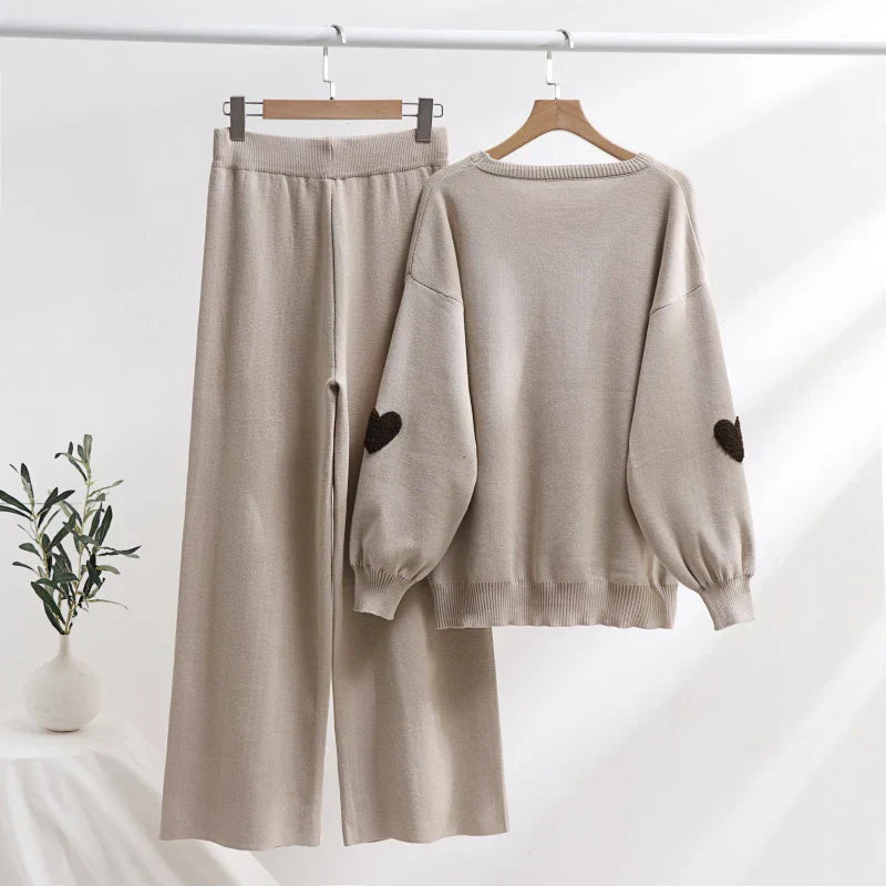 Ensemble Douceur Cœur - Pull Tricot et Pantalon Large Confortable