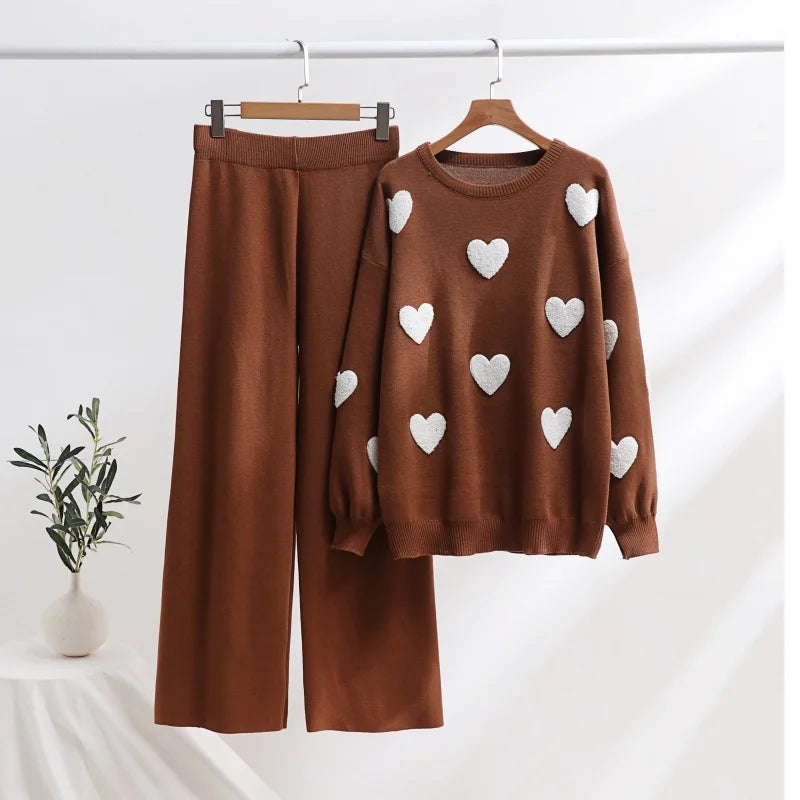 Ensemble Douceur Cœur - Pull Tricot et Pantalon Large Confortable