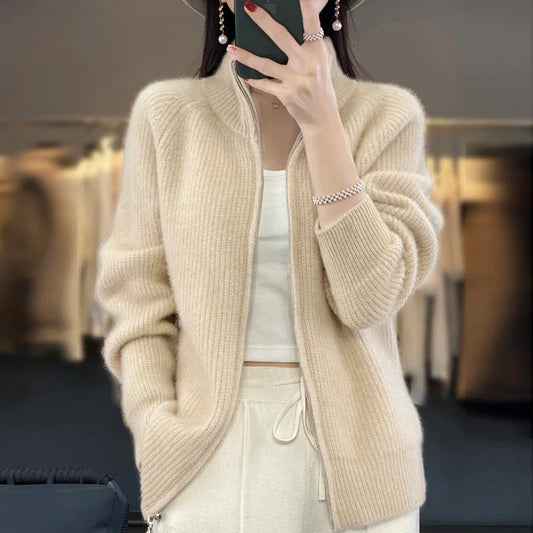Cardigan/pull zippé 100 % pure laine pour femme - Isabelle