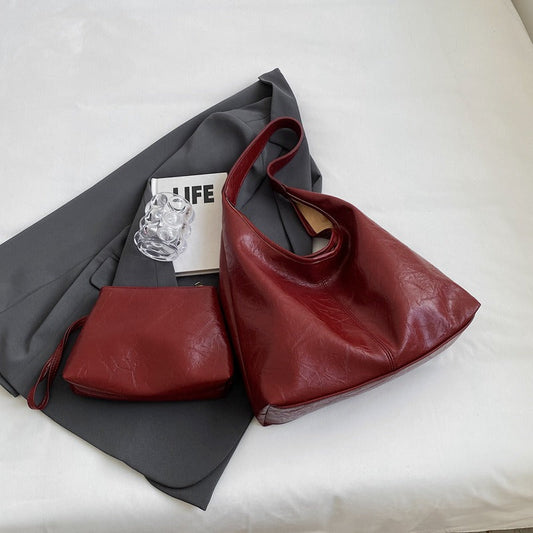Duo Vintage Patiné - Sac Fourre-Tout et Pochette Assortis en Cuir Végétal