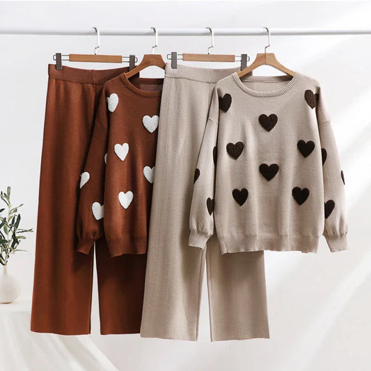 Ensemble Douceur Cœur - Pull Tricot et Pantalon Large Confortable