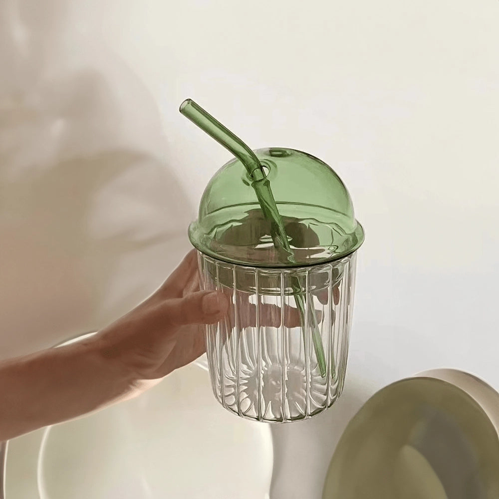 Gobelet en verre vert vintage avec couvercle et paille-EcoGlass™