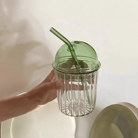 Gobelet en verre vert vintage avec couvercle et paille-EcoGlass™