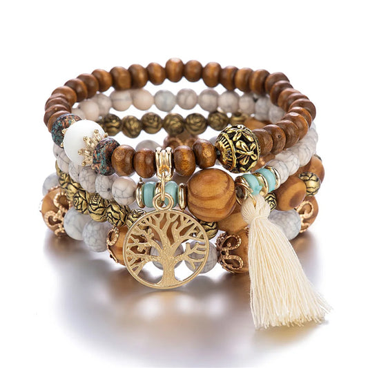 Quatuor Bohème - Bracelets Perles de Bois Naturelles et Détails Dorés