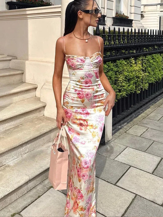 Robe longue à bretelles spaghetti et imprimé floral - Estelle