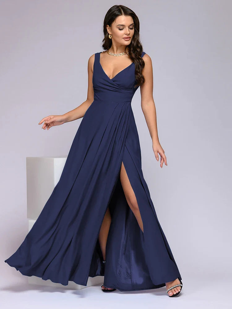 Robe longue sexy à col en V profond sans manches avec fente - Élise