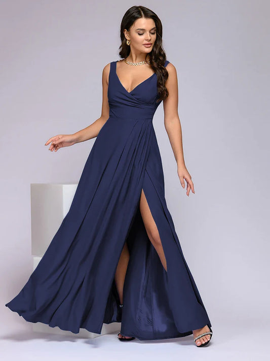 Robe longue sexy à col en V profond sans manches avec fente - Élise