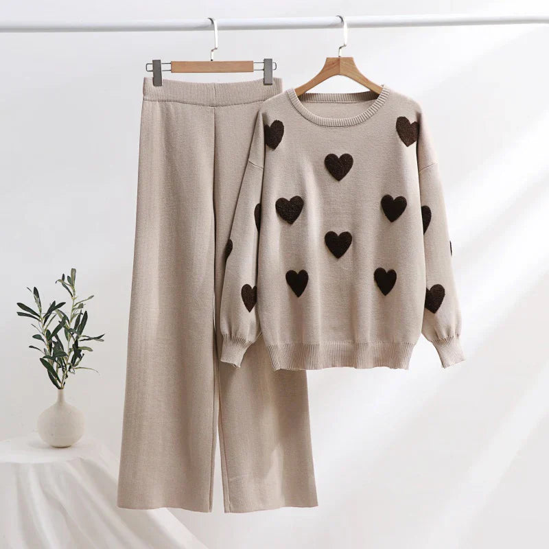 Ensemble Douceur Cœur - Pull Tricot et Pantalon Large Confortable