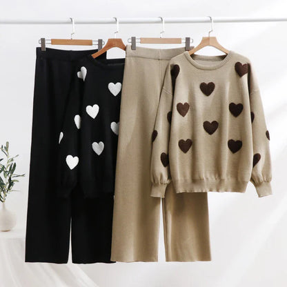 Ensemble Douceur Cœur - Pull Tricot et Pantalon Large Confortable