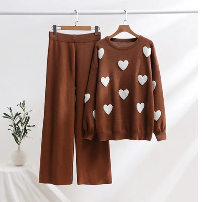 Ensemble Douceur Cœur - Pull Tricot et Pantalon Large Confortable
