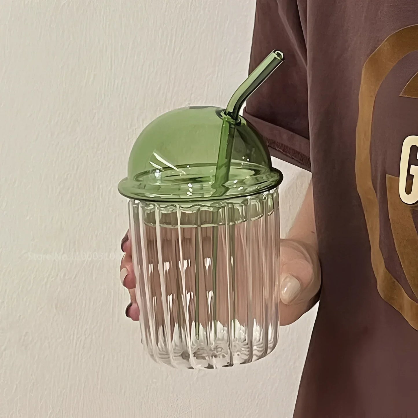 Gobelet en verre vert vintage avec couvercle et paille-EcoGlass™