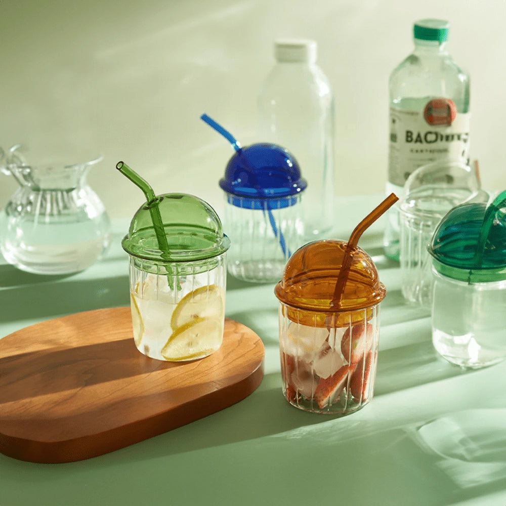 Gobelet en verre vert vintage avec couvercle et paille-EcoGlass™