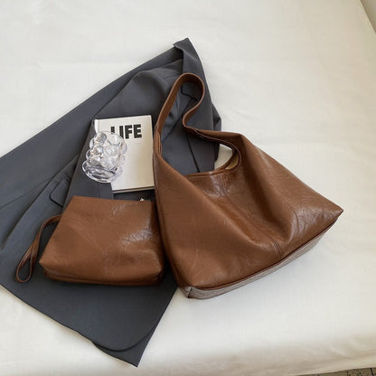 Duo Vintage Patiné - Sac Fourre-Tout et Pochette Assortis en Cuir Végétal