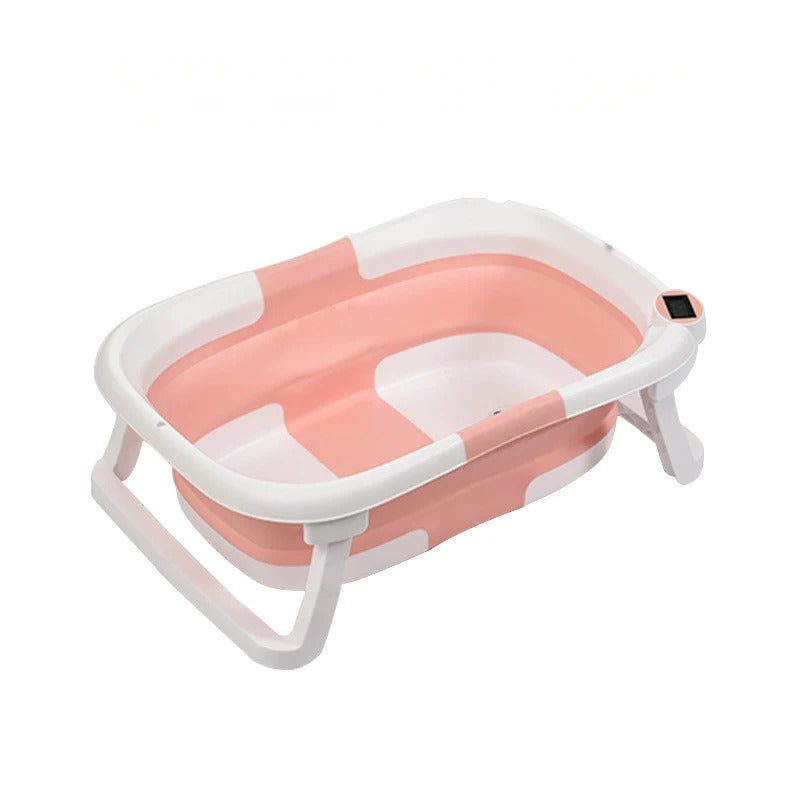 Baignoire pliable pour bébé avec coussin antidérapant et thermomètre intégré.